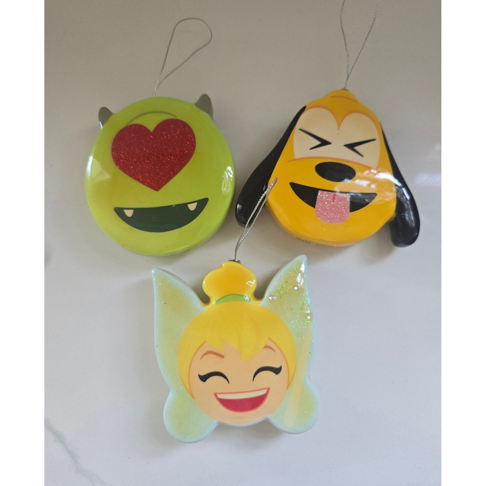 Disney Emoji Christmas Ornaments Set 3 Tinker Bell Pluto Mike Wazowski Glitter